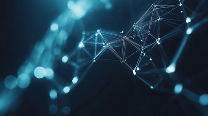 Abstract digital network with glowing blue lines and nodes against a dark background.