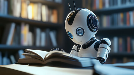 Aufkleber - A white humanoid robot with blue eyes sits at a table in a library reading a book.