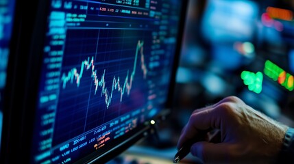 Poster - Investment analysis using chart data on a computer screen in a brightly lit trading environment during evening hours