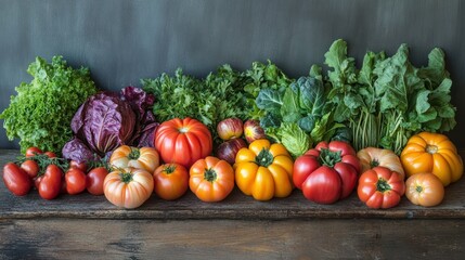 Fresh organic vegetables arranged on a rustic wooden table including vibrantly colored heirloom tomatoes crisp leafy greens and assorted herbs with a soft window light illuminating the scene