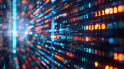 Abstract digital code background with glowing binary numbers in blue and orange.