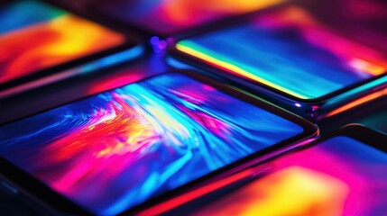 Mobile devices with vibrant screens, sleek design.