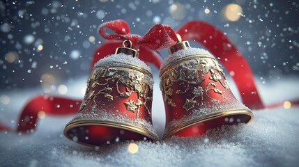 Two festive red bells adorned with snow and ribbons, set against a snowy backdrop, capturing the essence of Christmas cheer.