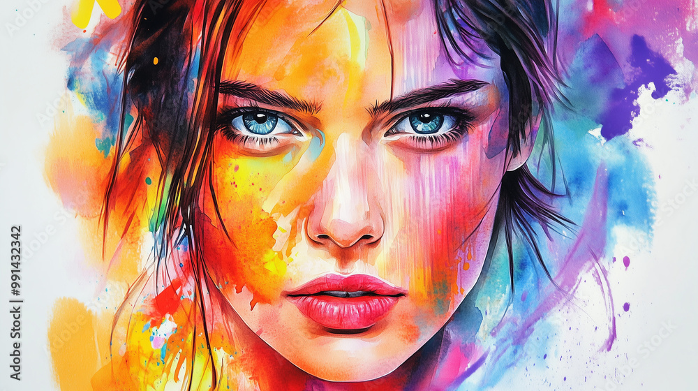 Female Abstract Colors Intense abstract portrait of a woman with vibrant colors, watercolor ...