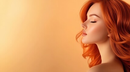 A woman with vibrant red hair against a warm orange background, capturing elegance and beauty.