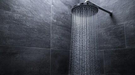 Wall Mural - Water flowing from a round shower head, creating a steady, relaxing stream, with dark gray tiled walls as the backdrop.