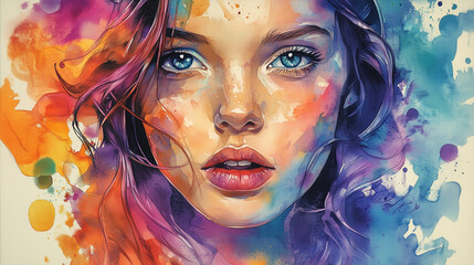 Beautiful woman portrait with vibrant colors, watercolor abstract art