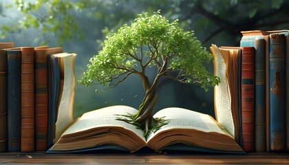 Wall Mural - Surreal harmony of nature and literature with a tree emerging from the pages of a book in a vibrant, magical scene