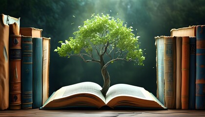 Wall Mural - Surreal harmony of nature and literature with a tree emerging from the pages of a book in a vibrant, magical scene