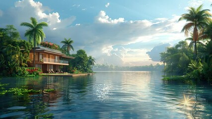 Wall Mural - animation tropical waterfront house surrounded by lush greenery and water generated with ai