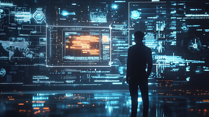 Aufkleber - A man stands in front of a wall of digital screens, representing the overwhelming amount of information available in the digital age.