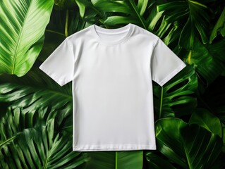 Plain white t-shirt on lush green tropical leaves, perfect for casual wear and summer vibes.