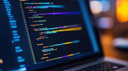 Web development coding with vibrant screens, sleek design, soft lighting.
