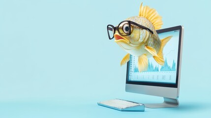 Poster - Fish with Glasses Working on Computer with Charts