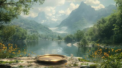 Wall Mural - animation serene mountain lake with golden plate generated with ai