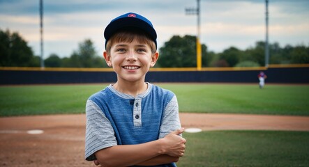 Cheerful young Caucasian boy wearing a baseball cap in a baseball field