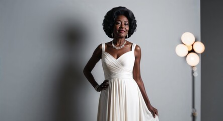 Wall Mural - Elderly Black woman in a chic gown posing gracefully against a light gray background