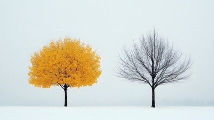 two trees in winter, one is covered with yellow leaves, another one without leaves