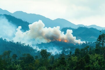 Mountain landscape with smoke and fire, showcasing environmental impact.