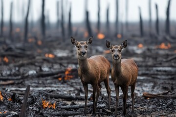 two deer standing among charred trees in a post-fire landscape.