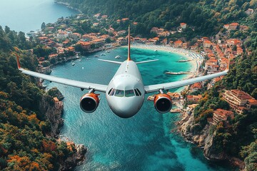 Airplane fly above beautiful nature landscape island, Tourism destination, Background for banner summer holiday vacation travel trip