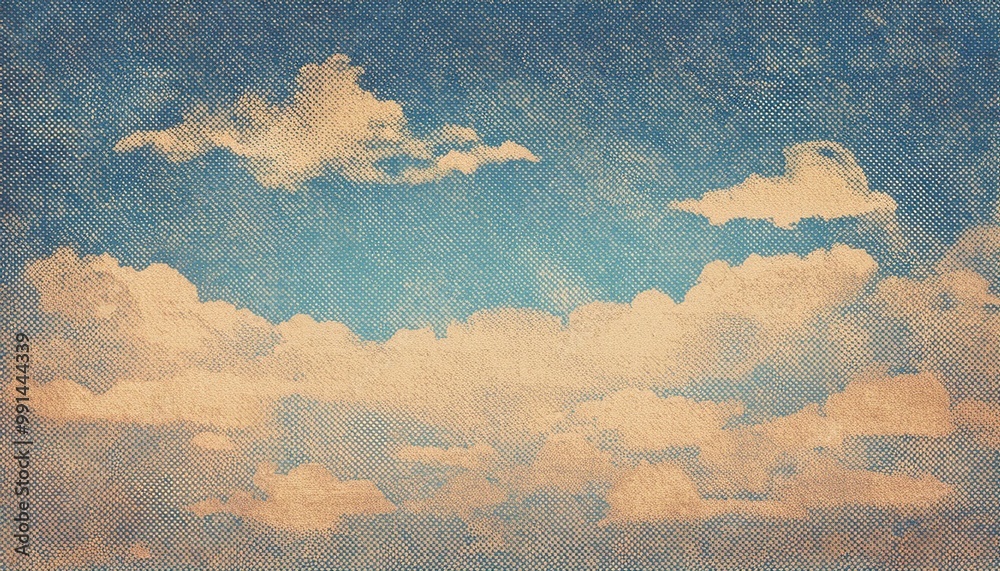 Retro Raster retro sky pattern on old paper texture. raster halftone vintage clouds ...