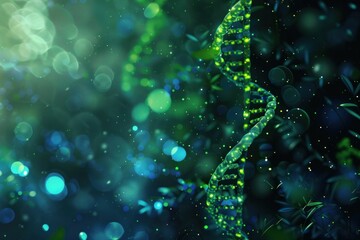 Abstract representation of DNA strands with a green and blue bokeh background, symbolizing life and genetic science