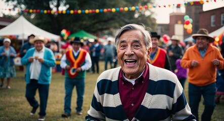 Wall Mural - Excited elderly Hispanic man wearing a cardigan in a community festival