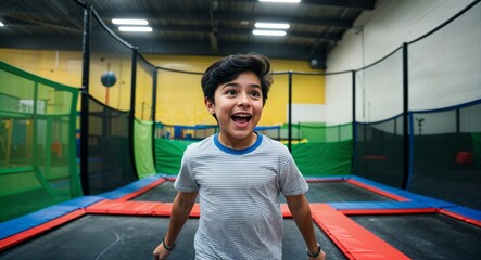 Excited young Hispanic boy wearing a tshirt in an indoor trampoline park