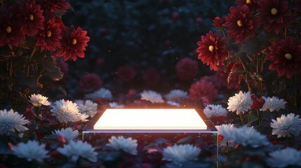 Poster - A glowing light box is positioned in a serene garden, surrounded by vibrant red and white flowers, creating an enchanting atmosphere as twilight descends, casting a soft glow.