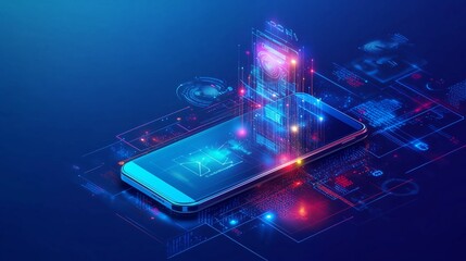 Poster - An innovative smartphone displays holographic projections of data and technology in a futuristic digital environment