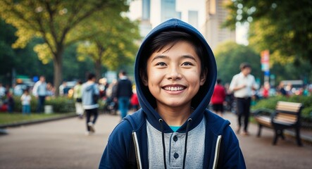 Joyful young Asian boy wearing a hoodie in a busy city park