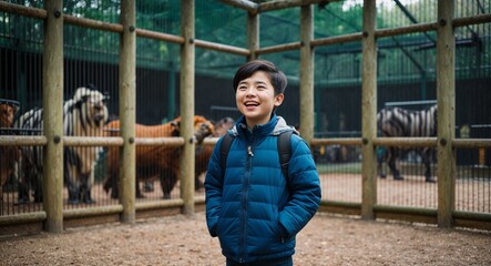 Joyful young Asian boy wearing a jacket in a zoo with animal enclosures