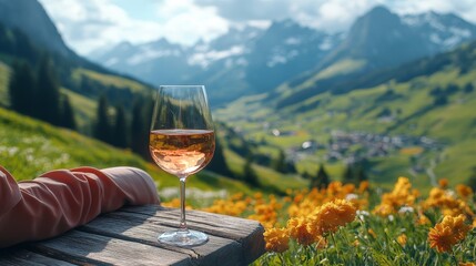 Close up shot with shallow depth of field of a person sitting with his back to the camera, near a glass of rose wine on a rustic wooden table outdoors in the mountains of the Alps in Switzerland