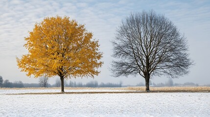 two trees in winter, one is covered with yellow leaves, another one without leaves