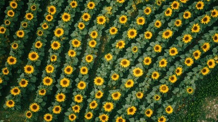 Aerial view of a sunflower field with rows of bright yellow flowers, providing a large open area at the top for promotional text.