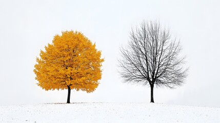 two trees in winter, one is covered with yellow leaves, another one without leaves