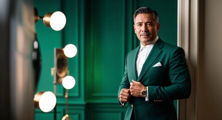 Wall Mural - Middleaged Hispanic man in a formal blazer posing stylishly against a rich emerald background