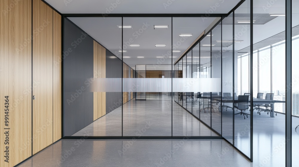 Modern office design, glass walls, bright lighting, sleek conference ...