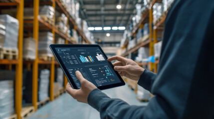 a manager uses a tablet to monitor the flow of products in a warehouse. this smart software helps ma