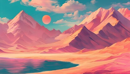 Vibrant digital landscape featuring pink and orange desert hills, majestic mountain range, and serene lakeside scenery