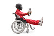 © Ljupco Smokovski - Car racer with helmet in a wheelchair holding a steering wheel and riding fast