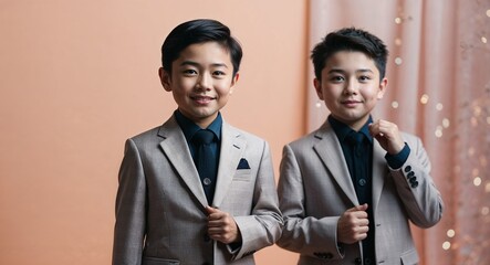 Wall Mural - Young Asian boy in a tailored suit posing charmingly against a light peach background