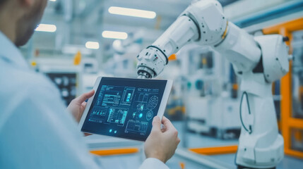 Poster - A factory engineer uses a tablet to control a robotic arm. This robotic arm is powered by artificial intelligence (AI) and runs on a 5G network, showcasing the future of Industry 4.0.