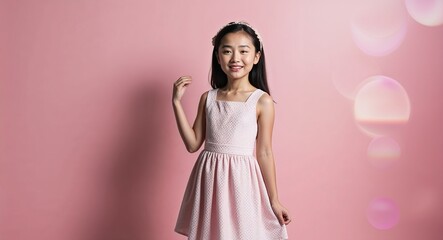 Wall Mural - Young Asian girl in a chic dress posing playfully against a pastel pink background