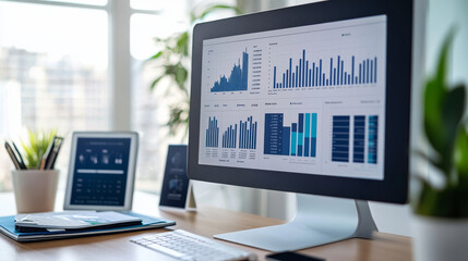 Poster - This image shows how data analysis helps businesses. It includes charts, graphs, and a computer screen, representing strategies for marketing, investing, and financial reporting.