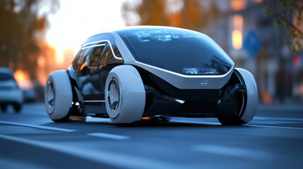 Poster - A futuristic car designed to drive itself, using artificial intelligence (AI). It has advanced GPS tracking and safety features.