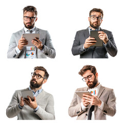 Wall Mural - A business analyst holding a digital tablet, with a thoughtful expression as if reviewing data insights. isolated on transparency background