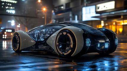 Poster - A futuristic car designed to drive itself, using artificial intelligence (AI). It has advanced GPS tracking and safety features.