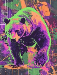 Wall Mural - Colorful Artistic Representation of a Bear Walking Through a Vibrant Urban Backdrop